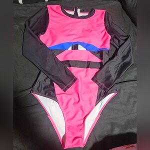 Pink and Black Long Sleeve Swimsuit